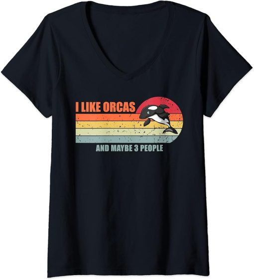 Womens Vintage Retro Striped I Like Orcas And Maybe Like 3 People V-Neck T-Shirt