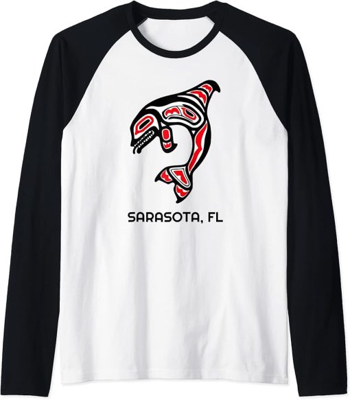 Sarasota FL Native American Indian Orca Killer Whales Raglan Baseball Tee