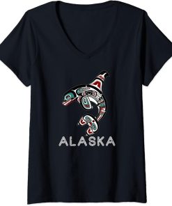 Womens Indigenous Orca Whale Alaska Native American Art Style II V-Neck T-Shirt