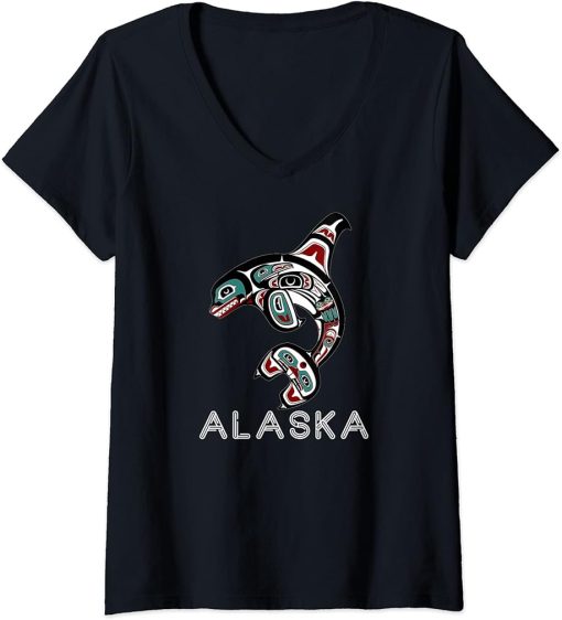 Womens Indigenous Orca Whale Alaska Native American Art Style II V-Neck T-Shirt