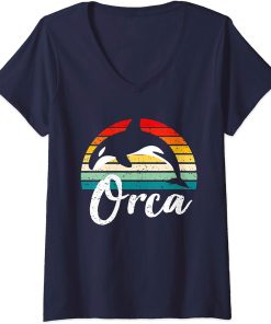 Womens Vintage Retro Orca Sunset Fun Killer Whale Gift For Fans V-Neck T-Shirt