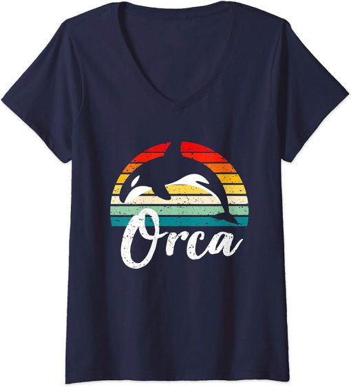 Womens Vintage Retro Orca Sunset Fun Killer Whale Gift For Fans V-Neck T-Shirt